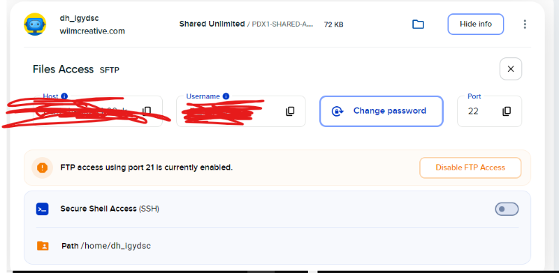 A screenshot showing I set up a ftp account