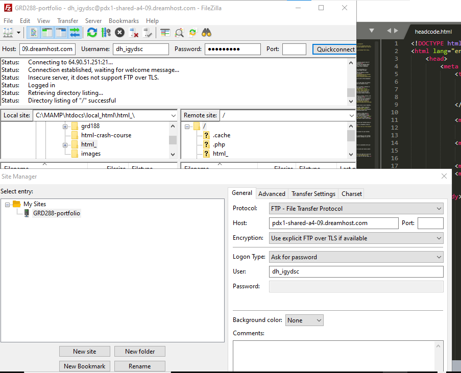 A screenshot of my hostname and username saved to my ftp client
