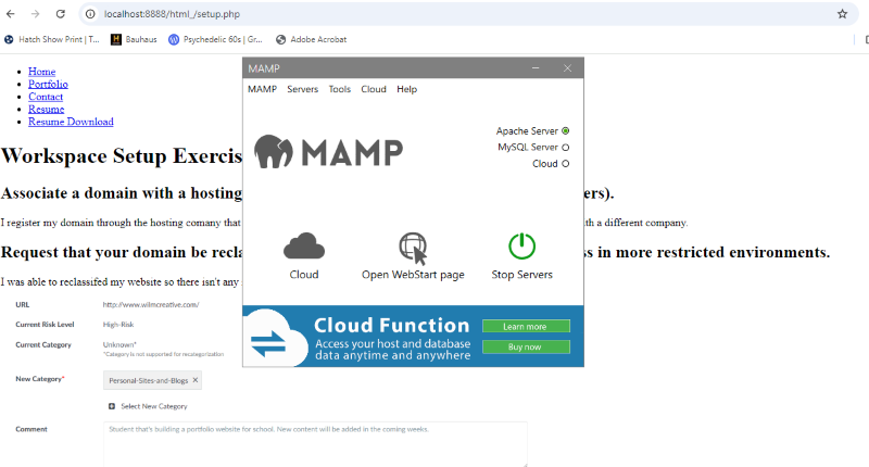 A screenshot of mamp running and showing my local host is working